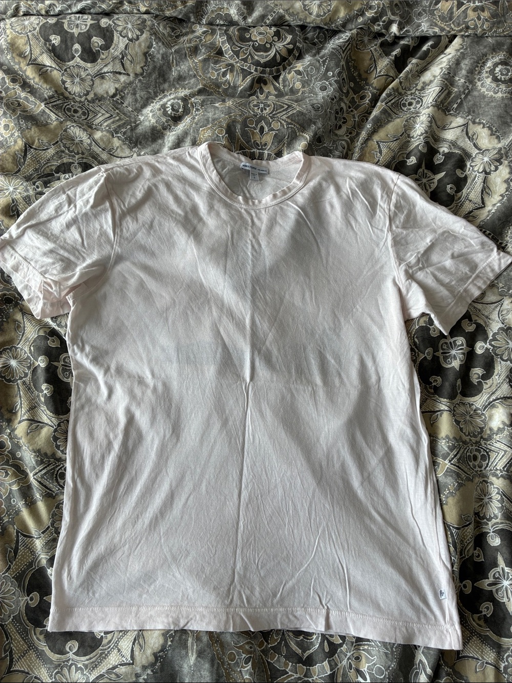 James Perse Short Sleeve Crew Tee in Pale Pink with Palm Tree Graphic on Back
